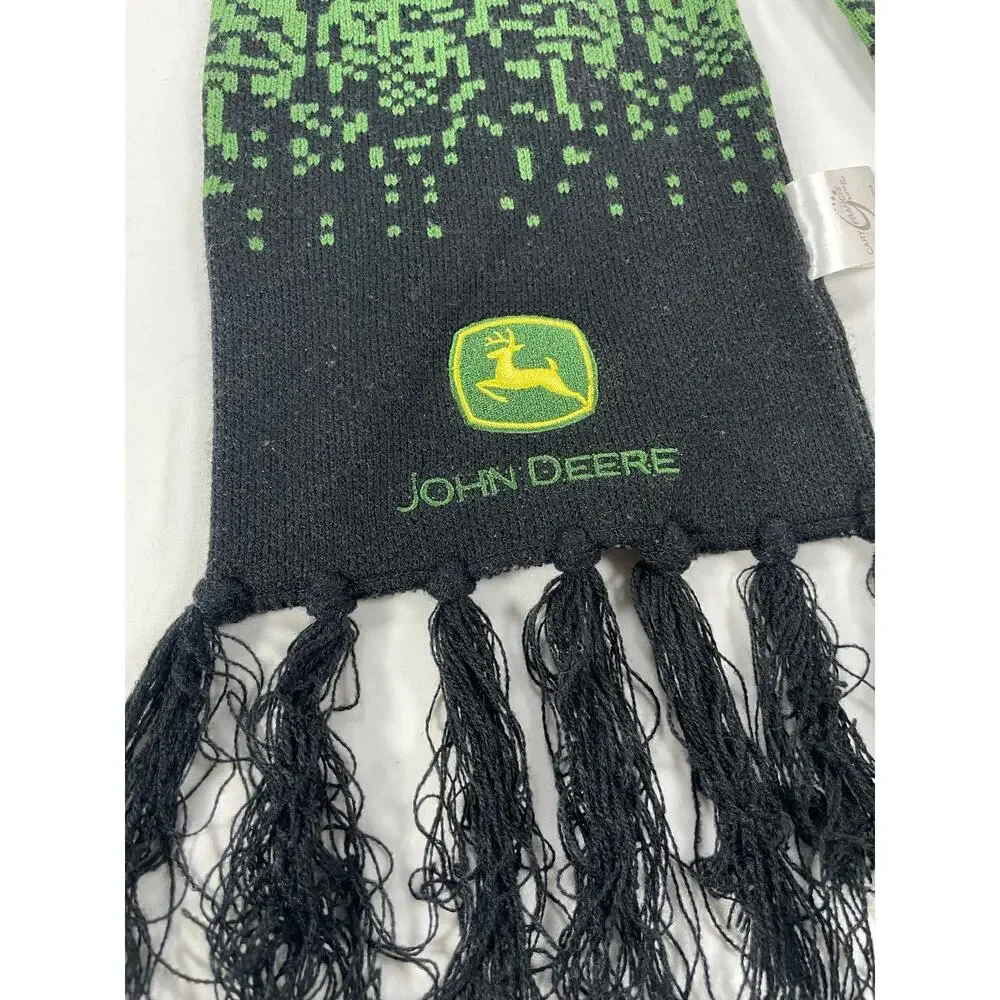 John Deere Cary Francis Knit Scarf Green Black Pixel Print Fringe Unisex Adult
